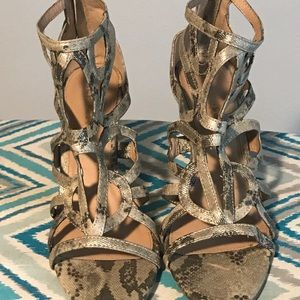 Snakeskin print open toe high heel shoes